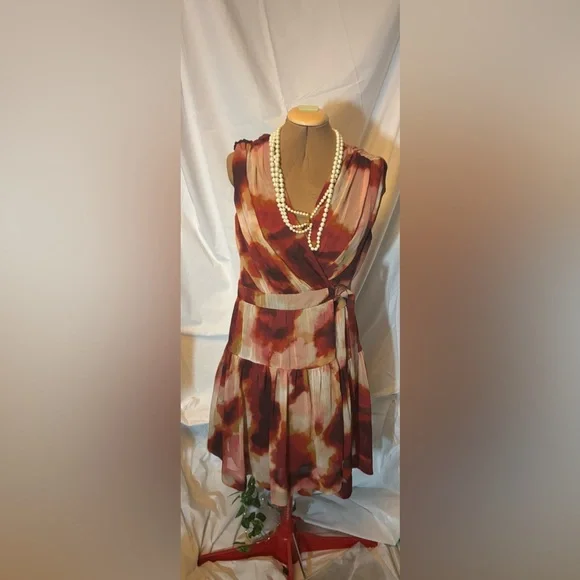 Taylor Burgundy Abstract Wrap Dress Sleeveless Knee Length - Picture 2 of 6